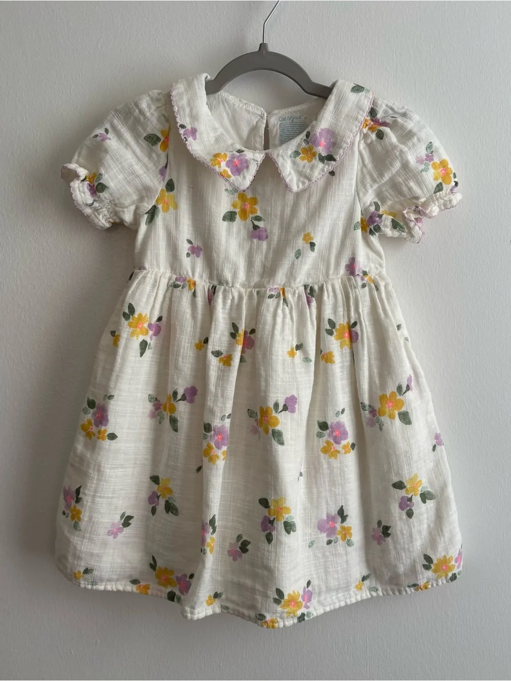 Cat & Jack Girls 4T White Floral Fit & Flare Puff Short Sleeve Collared Dress